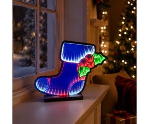 KAYNUR Double Sided Infinity Mirror Christmas Stocking LED Decoration, 34 x 30cm, 12V 3.6W Low Voltage Indoor Festive Light with Transformer & 3m Lead Wire