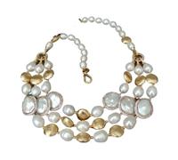 KAYOUDE 3 Rows Freshwater White Rice Pearl Coin Necklace | For Women Classic Wedding Party For Women