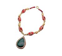 KAYOUDE Red Coral Crystal Pave Brushed Bead Necklace Real Green Malachite