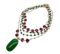 KAYOUDE Red Crystal Bezel Green Stone Pendant Necklace | Natural 4 Strands Cultured White Freshwater Pearl