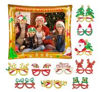 Kazaigou 10 PCS Christmas Glitter Party Glasses and Inflatable Photo Booth, Selfie Picture Frame for Christmas, Christmas Glitter Decoration Costume Eyeglasses Frame for Party, Holiday Favors