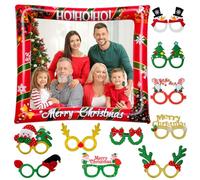 Kazaigou 10 PCS Christmas Glitter Party Glasses and Inflatable Photo Booth, Selfie Picture Frame for Christmas, Christmas Glitter Decoration Costume Eyeglasses Frame for Party, Holiday Favors