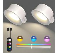 Kazaigou 2 Pack Wall Lights, LED Wall Lamp with Rechargeable Battery Operated, 15 RGB Colors, 3 Color Temperatures & Dimmable Magnetic 360° Rotation, Cordless Wall Scones for Reading Bedside Hallway