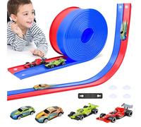 Kazaigou Flex Tracks 4.5M/14.8Ft Flexible Race Track for Kids 3+, Race Car Ramp Track Compatible with Hot Wheels and Diecast 1/64th Cars, Portable Rolls Up Race Tracks with Strong Suction Cups