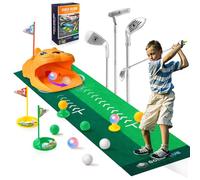 Kazaigou Kids Toy Golf Set Age 3+,Toddler Golf Clubs with Auto Ball Returner, Led Light Up Night Golf Balls & Putting Mat, Indoor and Outdoor Sports Golf Toys Gifts for Kids Aged 3-5+ (Tiger style)