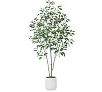 Kazeila Artificial Plants Indoor 180cm Artificial Ficus Tree in White Pot,Fake Plastic Ficus Tree Plant for Home Office Balcony Bathroom Decor(1Pack)
