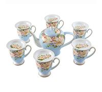 KazeRyu Bone China Tea Set for Adults - Pink Teapot with 6 Large Capacity Cups for Afternoon Tea & Coffee