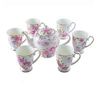 KazeRyu Bone China Tea Set for Adults - Pink Teapot with 6 Large Capacity Cups for Afternoon Tea & Coffee