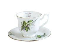KazeRyu Handmade Ceramic Coffee Mug & Saucer Set with White Lily Design - 200ml Cup for Coffee, Tea & Oat Milk