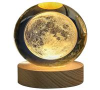 KAZETEC 3.15" Crystal Ball Night Light - Moon - Warm Light - K9 Crystal & Wooden Base - USB Powered - Energy Efficient