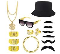 KAZGVN 80s Fancy Dress Men,Halloween Costumes Men,15Pcs 90s Fancy Dress Set Includes Hat Ring Glasses Bracelet Fake Gold Chain Beard for Hippie Disco Themed Party