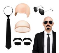KAZGVN Bald Cap, 6-Piece Halloween Costumes Set for Music Events and Costume Parties, Includes Scalp Cap, Hair Net, Spectacles, Two Moustache Sets, and Necktie for Quick Celebrity Transformation