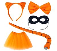 KAZGVN Cat Costumes for Kids 5 Pcs,Cat Ears,Animal Costume Kids with Orange Skirt Cat Ears Headband Tail Bow Tie Mask,World Book Day Costumes for Girls for 14+ Years Old (2)