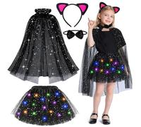KAZGVN Cat Costumes For Kids, Halloween Costumes, 4PCS Carnival Costume Set Includes Cat Ears Headband Luminous Skirt Bow Cape, Cat Costume for Halloween Christmas Carnival Party