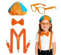 KAZGVN Halloween Costumes for Kids,Kids Halloween Costumes,4 Pcs Orange Blue Costume for Boys and Girls,with Beret Hat Glasses Bow Tie Suspenders for 14+ Years Old