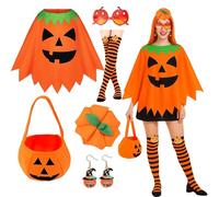 KAZGVN Halloween Pumpkin Costume,Halloween Costumes Adult Women,6 Pcs Womens Costume Adult with Costumes Pumpkin Headband Candy Bag Thigh High Stockings Glasses Earrings