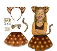 KAZGVN Leopard Costumes, Kids Halloween Costumes, 6 PCS Cheetah Costume Kids Set with Leopards Ears Headband Bow Tie Tail Tutu skirt Stickers, Leopard Accessories for Carnival Halloween Party