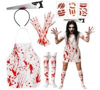 KAZGVN Nurse Halloween Costume,Halloween Costumes Adult Women,7Pcs Scary Womens Costume Adult with Gloves Socks Headband Tattoo Stickers Apron