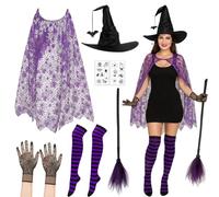 KAZGVN Wizard Costume, Halloween Costumes, 7 Pcs Halloween Wizard Outfit with Spider Web Cape, Wizard Hat, Broom, Gloves, Socks and Tattoos, Adult Women Girls Wizard Costume for Halloween Party