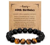 KAZIPA 40th Birthday Gift for Man Father Uncle Grandpa Boyfriend Elastic Rope Black Onyx Tiger Eye Natural Stone Beaded Bracelet with Wish Card Protection Good Luck Jewelry