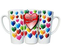 KAZMUGZ ANY NAME HERE, Any Message Here, Personalised Tall Latte Ceramic Mug. Colourful Hearts Design. Impressive 17oz size coffee tea or hot chocolate latte mug