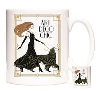 KAZMUGZ Art Deco Chic Mug - Elegant Lady with Afghan Hound - 11oz White Ceramic Coffee Cup - Vintage Glamour Gift - Stylish Dog Lover Present - Comes in Protective White Box