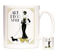 KAZMUGZ Art Deco Style Mug - Elegant Lady with Dachshunds - 11oz Ceramic Coffee Cup in Gift Box - Vintage Glamour Design - Sausage Dog Lover Gift - Black & Gold Flapper Lady