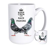 KAZMUGZ BIG PIGEON MUG Keep Calm Race Pigeons. Two colourful birds on a big 15oz mug. Can Be Personalised or Changed in Any Way.