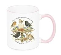 KAZMUGZ Blue Tits, Finches & Robins Mug - Ceramic Bird Feeder Design - Nature Lover Gift - Pink Handle - Wholesome Wildlife Poem - Tea & Coffee Cup for Gardeners & Birdwatchers
