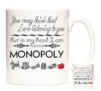 KAZMUGZ Funny Monopoly Mug - “You May Think I’m Listening…” Quote - Ceramic Coffee Cup with Game Tokens - Gift for Board Game Lovers, Strategy Fans, and Monopoly Enthusiasts