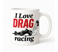 KAZMUGZ I Love Drag Racing Mug - Funny Dragster Car Coffee Cup with Parachute & Tire Smoke - 11oz White Ceramic Gift for Racing Fans, Car Lovers, Gearheads & Pit Crew