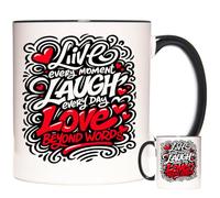 KAZMUGZ “Live Laugh Love” Quote - Graffiti Style Motivational Mug - 11oz Ceramic Coffee Cup with Black Handle & Rim - Red Accents, Hearts & Swirls - Inspirational Gift for Women, Friends, Office