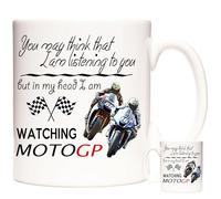 KAZMUGZ Motor Cycle Racing Mug. in My Head I Am Watching MotoGP. 11oz Ceramic White Mug with Pictures of Motorbike Racing.