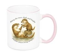KAZMUGZ Otter Mug - Watercolor River Scene Ceramic Coffee Cup with Playful Otters & Poetic Caption Nature Lover Gift Pink Handle & Rim Animal Art Tea Mug 11oz