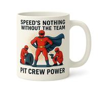KAZMUGZ Pit Crew Power Mug - 11oz Ceramic Tea & Coffee Cup - Funny Motorsport Superhero Design - Gift for Mechanics, Engineers & Racing Fans - Comes in Strong Box