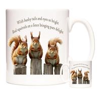 KAZMUGZ Red Squirrel Mug, Three Squirrels Sitting on a Fence. 11OZ Ceramic Mug with Images of Squirrels. Squirrel Gift.