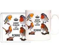 KAZMUGZ Robin Mug and Coaster Set, Keep Calm and Love Robins. Gift for Birthdays, Easter, Christmas or Any Other Celebration. Robin Red Breast Gift Set
