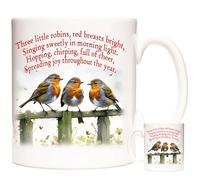 KAZMUGZ Robin Mug, Robins on a Fence. Ceramic 11oz Mug Dishwasher and Microwave Safe. Gift Coffee Mug for Fans of Robins and British Garden Birds