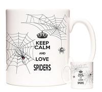 KAZMUGZ Spider Mug. Keep Calm and Love Spiders. Spiders on spiderwebs and Slogan on a White Ceramic Gift Coffee Mug/Tea Cup.