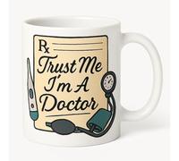 KAZMUGZ Trust Me - I’m A Doctor Mug 11oz White Ceramic Coffee Cup with Prescription Pad Design Funny Medical Gift for Doctors, Nurses, Med Students Thermometer & Blood Pressure Cuff Illustration