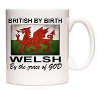 KAZMUGZ Welsh Flag Mug, British by Birth - Welsh by The Grace of God, 11oz Ceramic Wales Tea/Coffee Mug. Welsh Dragon Flag Gift.