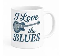 KAZMUGZ White Ceramic Mug - “I Love The Blues” Guitar Design Music Lover Gift for Coffee & Tea Vintage Electric Guitar Cup Gift Boxed Blues Fan Merchandise