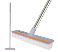 KazOfe 2-in-1 Floor Scrubbing Brush with Squeegee/Handle, Bathroom Floor Cleaning Scrubber, Long Handled Scrubbing Brush Hard Bristle for Deep Cleaning Kitchen, Deck, Tile, Patio (Grey)