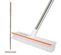 KazOfe 2-in-1 Floor Scrubbing Brush with Squeegee, Heavy Duty Stiff Bristles for Deep Cleaning, Long Handled Scrubbing Brush for Indoor and Outdoor Use (White)