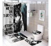 Kazynee Cool Black White Wolf Shower Curtain Sets with Rugs 4 Piece Accessories Bathroom Curtains Shower Set Include Shower Curtain Non-Slip Rug Toilet Lid Cover Bath Mat One Size