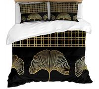 KBDQGX Bedding Set Duvet Covers Double Size Bed 200X200Cm 3 Pieces 3D Gold Ginkgo Leaf On Black Background Luxury Fashion Art Gold Foil Pattern Ultra Soft Hypoallergenic Microfiber Quilt Cover Sets
