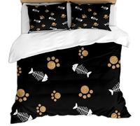 KBDQGX Double Duvet Cover Set With 2 Pillowcases, 3 Pieces 3D Black Background With Golden Claws Fish Bone Cute Animal Footprints Printed Bedding Sets, Ultra Soft Easy Care Microfiber Quilt Cover S
