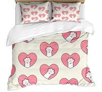 KBDQGX Duvet Covers Double Bed 200X200Cm 3 Pcs 3D Cute Animal Footprints Of Cat Paw With Pink Heart On White Background Printed Bedding Set With Zipper Soft And 2 Pillowcases 50X75Cm, Ultra Soft Ea