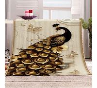 KBDQGX Fleece Blanket Golden Animal Peacock Printed Pattern 130X150Cm Soft Fluffy Throws For Sofas, Single/Twin Bed Large Plush Blankets, Microfiber Flannel Blankets For Chairs/Bed, Warm & Cozy