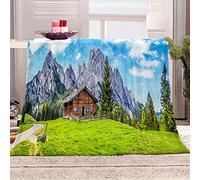 KBDQGX Fleece Blanket Green Lawn Cabin Printed Pattern 150X150Cm Soft Fluffy Throws For Sofas, Single/Twin Bed Large Plush Blankets, Microfiber Flannel Blankets For Chairs/Bed, Warm & Cozy